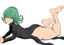 1girls angry ass barefoot big_ass cloak clothing feet feet_up female female_only foot_fetish frown green_eyes green_hair looking_at_viewer muscular_female naughty_face no_shoes no_socks on_front on_stomach one-punch_man oryuto partially_clothed seductive solo solo_female tatsumaki thick_thighs toes white_background