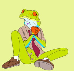 absurd_res amphibian anthro awkward ball_hair balls bob-jiggles bodily_fluids body_hair bojack_horseman bound business_suit charley_witherspoon clothing erection footwear frog genitals half_naked hands_tied hi_res humanoid_genitalia humanoid_penis legwear lipstick long_legs makeup male male_only necktie netflix penis purple_lipstick shoes socks solo spread_legs spreading suit sweat tree_frog