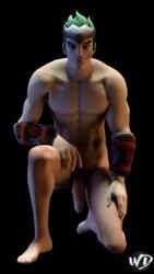 1boy 3d abs big_penis genji green_hair kneeling looking_at_viewer male male_only muscles muscular muscular_male nipples overwatch short_hair solo solo_focus solo_male wunder young_genji