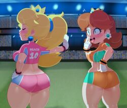 2girls alternate_costume ass ass_cleavage big_breasts blonde_hair blue_eyes booty_shorts brown_hair bubble_butt butt_crack clothing dat_ass football football_player football_uniform huge_ass human lipstick mario_(series) mario_strikers midriff nintendo orange_shorts outdoors pink_shorts ponytail princess_daisy princess_peach short_shorts somescrub stadium thick_lips thick_thighs tongue_out