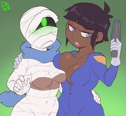 2girls black_hair blue_eyes blush breast_press breasts cleavage dezz duo embarrassed female gloves green_eyes human jumpsuit nuclear_throne rebel_(nuclear_throne) rogue_(nuclear_throne) scarf underboob uniform wrappings