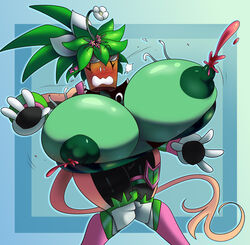 1girls 4_fingers abstract_background anthro anthrofied big_breasts blaster_master blaster_master_zero_2 blush breast_expansion breasts clothed clothes clothing female female_only huge_breasts humanoid hyper_breasts kanna_(blaster_master) lactating lactation large_breasts lewdloaf nervous plant plant_girl plantie shocked solo solo_female surprised unusual_lactation unzipped_bodysuit watermelon_bra wide_eyed