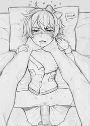 1boy 1girls barely_colored bed blue_eyes blush bottomless bow breast breast_slip choking doki_doki_literature_club fetish hairbow hand_on_arm hands_on_neck heart heart-shaped_pupils long_penis lying_down lying_on_back lying_on_bed male_pov near_monochrome nipple on_back one_breast_out penis pillow pov pov_eye_contact pubic_hair pussy sayori_(doki_doki_literature_club) sex sex_on_bed speech_bubble spread_legs sweat sweating text unseen_male_face vaginal_penetration yellowroom