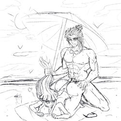 abs beach big_ass big_breasts bikini_aside bracelet doggy_style from_behind_position goggles_around_neck jadey muscles muscular_male original_character pleasure_face ponytail ponytail_hold pubic_hair pulling_hair sketch straight top-down_bottom-up umbrella