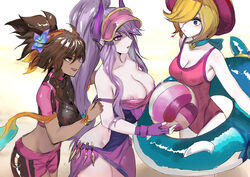 3girls ass beach beach_ball big_ass big_breasts bikini blue_eyes breasts brown_eyes brown_hair horn league_of_legends multiple_girls orianna pd pool pool_party_orianna pool_party_series pool_party_syndra pool_party_taliyah purple_eyes purple_hair pussy riot_games source_request syndra taliyah