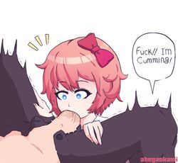 ahegaokami black_pants blue_eyes bow cum_in_mouth cum_in_throat cute deepthroat doki_doki_literature_club eyebrows_visible_through_hair fellatio hairbow imminent_orgasm legs_spread light-skinned_male oral pants pants_open penis penis_in_mouth pink_hair red_bow saliva sayori_(doki_doki_literature_club) simple_background teenager tight_throat veiny_penis