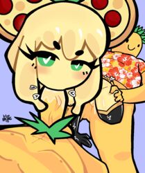 :) anthro bourbunbun elbow_gloves female gloves hawaiian_shirt heart-shaped_pupils latex latex_gloves peppy_(blueborg16) pineapple pizza