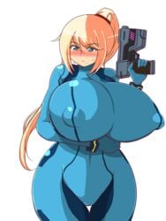 1girls alpha_channel alternate_breast_size bangs beauty_mark blonde_hair blue_bodysuit blue_eyes blush bodysuit breasts cameltoe covered_navel cowboy_shot female female_only front_view gun hair_between_eyes handgun holding_weapon huge_breasts human hyper hyper_breasts long_hair long_ponytail metroid mole mole_under_mouth nintendo nipple_bulge no-biru png ponytail ranged_weapon samus_aran solo sweat thick_thighs tight_clothing top_heavy transparent_background very_long_hair voluptuous weapon wide_hips zero_suit zero_suit_samus