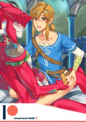 2020 absurd_res blue_eyes bottomless breath_of_the_wild clothed clothing duo ear_piercing erection failuu frottage gay genitals hi_res humanoid humanoid_genitalia humanoid_penis humanoid_pointy_ears hylian link link_(breath_of_the_wild) male male/male male_only marine nintendo penis piercing sex sidon_(zelda) text the_legend_of_zelda url video_games zora