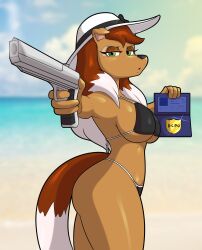 anthro beach bikini black_clothes black_clothing bottomwear brown_eyeshadow brown_fur brown_hair canine colored_background cop doc.b dog_city dog_ears dog_girl dog_tail eyeshadow female female_only furry green_eyes gun hat headwear holding_object hourglass_figure humanoid long_hair partially_clothed police policewoman rosie_o'gravy solo_female solo_focus tail thighs topwear white_hat white_headwear wide_hips