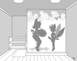 1boy 1girls animated anthro balls bouncing_breasts busty erect_nipples erection excited furry gif gigantic_breasts imminent_sex loop michiyoshi miles_tails_prower monochrome rouge_the_bat shower shower_head silhouette sonic_(series) steam tail towel