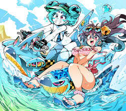 2girls beach bikini blue-chan blue_hair heterochromia hi_res jet_ski jetski kafun multiple_girls white_skin