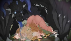 1boy 1girls ahe_gao blonde_hair crying dracophilia dragon elf female horns interspecies licking long_hair male mimyo monster rape sex size_difference tears wings zoophilia