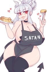 1girls big_breasts black_thighhighs chocolate_pancakes demon demon_girl demon_horns demon_tail female helltaker huge_breasts huge_thighs large_breasts lips long_hair lucifer_(helltaker) pancake red_eyes spookiebuni standing tail thick_lips thick_thighs thighhighs thighs voluptuous white_background white_hair wide_hips