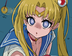 1girls @_@ asanagi big_eyes bishoujo_senshi_sailor_moon blonde blonde_hair blue_background blue_eyes chestnut_mouth choker clothed_female clothing collar drool earrings hair hair_ornament heart hypnosis long_twintails mind_control open_mouth ringed_eyes sailor_collar sailor_moon sailor_moon_redraw_challenge sailor_senshi_uniform sailor_uniform seifuku shiny_hair spiral_eyes tiara twintails usagi_tsukino