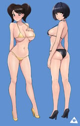 2girls arched_back arm_behind_back ass bangs bare_shoulders becky_(persona) bikini black_footwear black_hair black_swimsuit blue_background blunt_bangs blush breasts clavicle cleavage closed_mouth donburikazoku female female_only from_behind full_body goth hand_on_chest hand_on_own_chest hand_up high_heels high_resolution kneepits large_breasts light_frown looking_back looking_down micro_bikini multiple_girls navel persona persona_5 sadayo_kawakami shoes short_black_hair short_hair simple_background standing strap_gap string_bikini swimsuit swimwear tae_takemi thighs tied_hair twintails underboob