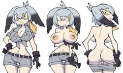 ass backboob big_ass big_breasts breasts female hourglass_figure kemono_friends looking_at_viewer midriff mooning nipples shoebill_(kemono_friends) shorts_pull solo stealth_brock