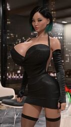 3d bimbo black_hair fishnet_stockings fishnets huge_breasts kina looking_at_viewer shiny_skin short_dress stockings taziota