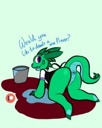 4:5 anal anthro bent_over dialogue dragon green_background green_body green_scales looking_at_viewer looking_back male male_only purple_eyes scales simple_background solo spikey(oc) spilled_liquid swirls text whackersalot(artist) worker