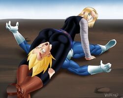 android_18 blonde_hair boots choke_hold choking curvy dominant_female domination dragon_ball femdom fighting headscissor leggings ripped_clothing submission_hold super_saiyan vanbrand vegeta