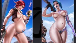 1girls 2girls big_belly big_breasts blue_eyes blue_hair blue_lipstick bob_cut borderlands borderlands_2 child_bearing_hips dandon_fuga eyeshadow female_focus female_only fingerless_gloves functionally_nude gloves guns hi_res highres jacket lilith_(borderlands) looking_at_viewer maya_(borderlands) medium_hair naked nude nude_female pale-skinned_female petite pregnant pubes pubic_hair ready_to_pop red_hair red_lipstick seductive_eyes seductive_look silver_eyes smiling smiling_at_viewer tattoo tattoos thick_thighs vagina viewed_from_below weapons wide_hips