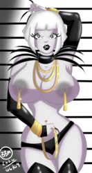 2020 batman_(series) big_breasts bunbunmuffinart dc_comics gotham_girls grey_hair grey_skin greyscale magpie_(dc) margaret_pye mugshot nipple_piercing supervillain