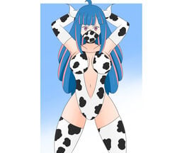 1girls blue_hair breasts center_opening cow_print cow_print_swimsuit cowgirl cowgirl_position female female_only gloves horns legwear long_hair mask mouth_mask navel one-piece_swimsuit one_piece pink_hair purple_eyes solo thighhighs thighs ulti_(one_piece)