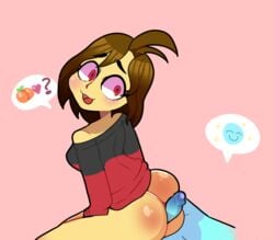 8chan :3 animation_meme_community brown_hair buttjob covered_breasts female_focus looking_back mortal nervous red_eyes shirt_lift unknown_artist youtube youtuber