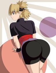 1girls 2020 alternate_costume ass behind_view bent_over bike_shorts blonde_hair bubble_butt clothed clothed_female clothes clothing compression_shorts dat_ass elmonais female female_only fingerless_gloves folding_fan fully_clothed green_eyes looking_at_viewer looking_back naruto naruto_shippuden posing quad_tails short_shorts shorts solo temari