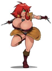 1girls areola_slip areolae areolae_slip breasts dagger female female_only gigantic_breasts green_eyes hair_over_one_eye huge_breasts katt_(kristinakatt) looking_at_viewer marrazan muscular_female red_hair rogue simple_background skimpy_clothes skyrim smiling solo solo_female the_elder_scrolls thief thong white_background