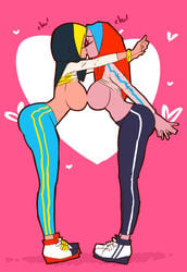 2girls bare_breasts bolapistarize breasts clothing female heart_background hijab kissing pink_background yuri