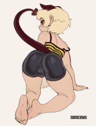 1boy all_fours ass bike_shorts blonde_hair bulge camisole demon feet femboy from_behind looking_back male_only raised_tail sandcavern shorts skin_tight soles trap