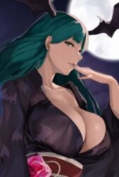 capcom clothing darkstalkers green_eyes green_hair head_wings j@ck kimono large_breasts moon moonlight morrigan_aensland succubus vampire_(game) vampire_savior wings