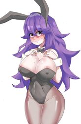 areolae big_breasts blush bunny_ears bunnysuit civildreams hex_maniac huge_breasts large_breasts long_hair nintendo pale-skinned_female pale_skin pantyhose pokemon pokemon_xy purple_eyes purple_hair sweat