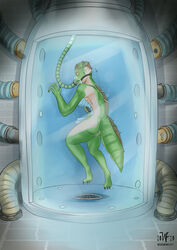 2020 absurd_res aika_(tomlloyd) anthro ass clothing detailed_background female genitals green_body hi_res human_to_anthro inside laboratory_equipment laboratory_glassware lizard mask medical_instrument oxygen_mask pussy reptile scalie scientific_instrument solo species_transformation story story_in_description tail_growth test_tube torn_clothing transformation witchfiend yellow_sclera