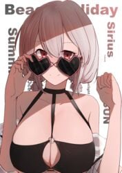 1girls absurdres adjusting_eyewear adjusting_glasses artist_name azur_lane bangs bare_shoulders between_breasts bikini black_bikini black_choker blush breasts chinese_commentary choker cleavage cleavage_cutout clenched_hand collarbone commentary_request english_text eyebrows_visible_through_hair female hair_between_eyes halterneck hands_up heart heart-shaped_eyewear highres large_breasts light-skinned_female light_skin looking_at_viewer looking_over_eyewear looking_over_glasses o-ring o-ring_bikini o-ring_top off-shoulder_jacket red_eyes royal_navy_(azur_lane) see-through shadow sheer_clothes short_hair short_sleeves sidelocks simple_background sirius_(azur_lane) sirius_(scorching-hot_seirios)_(azur_lane) smile solo square_bikini sunglasses swimsuit tinted_eyewear underboob upper_body white_background white_hair yuking