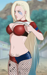 1girls artist_request blonde blonde_hair bra breasts cleavage cosplay dc dc_comics dc_extended_universe ear_piercing earrings female harley_quinn_(cosplay) heart_tattoo ino_yamanaka lifted_shirt lifting_shirt medium_breasts naruto naruto:_the_last naruto_(series) red_bra short_shorts shorts solo solo_female source_request suicide_squad tattoo tattoo_on_belly tattoo_on_legs tits