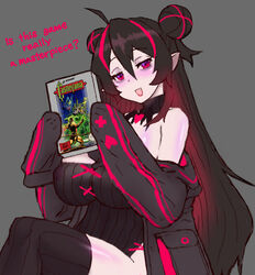 artist_request big_breasts castlevania dark_hair elizabeth_(osiimi) english_text eye_bags fangs holding_object huge_breasts jacket long_hair long_sleeves looking_at_viewer open_mouth osiimi pale-skinned_female pale_skin pointy_ears red_eyes red_hair streaked_hair thighhighs video_game