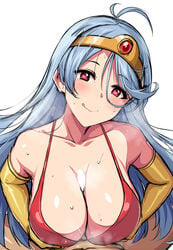 1boy :q ahoge bikini bikini_top blue_hair blush breast_hold breasts brown_gloves censored circlet covered_paizuri dragon_quest dragon_quest_iii female gloves horosuke_(toot08) large_breasts long_hair looking_at_viewer nude paizuri pov red_bikini red_eyes sage_(dq3) simple_background smile swimsuit titfuck tongue tongue_out white_background