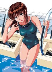 1girls 90s :o armpits asuka_(viper) bare_arms bare_shoulders blue_swimsuit breasts brown_eyes brown_hair collarbone competition_swimsuit eyebrows_visible_through_hair female female_only goggles goggles_around_neck katsura_ken'ichirou long_hair looking_at_viewer matching_hair/eyes medium_breasts official_art one-piece_swimsuit open_mouth partially_submerged pool pool_ladder school_uniform sogna solo swimming_goggles swimming_pool swimsuit thick_thighs thighs tile_floor tiles tongue viper_(series) viper_ctr wading water wet wet_hair