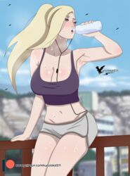 1girls 2020 after_workout agung911 armpit big_breasts blonde_hair blue_eyes blush booty_shorts boruto:_naruto_next_generations breasts cleavage drinking earbuds female female_only ino_yamanaka leaves long_hair naruto naruto_(series) ponytail shorts solo sports_bra sweat sweatdrop sweating sweaty tank_top tied_hair water water_bottle wet_clothes white_skin