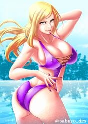 1girls arm_behind_head ass big_breasts blonde_hair breasts brown_eyes cleavage facial_mark female female_only forehead_mark lipstick long_hair makeup nail_polish naruto naruto_(series) naruto_shippuden ocean posing saburo_des smile solo swimsuit tsunade water waves