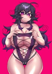 ahoge antenna_hair bedroom_eyes belly_button big_breasts big_eyes cameltoe choker cleavage collarbone crawling_dreams curled_hair curvy dark_hair gluteal_fold goth hourglass_figure huge_breasts long_hair looking_at_viewer messy_hair navel navel_line nyarla_(crawling_dreams) nyarla_(osiimi) osiimi purple_eyes red_background smile smiling string_bikini swimsuit thick_thighs thigh_gap tight_clothing undressing wide_hips