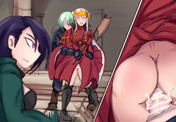 1boy 2girls ass bar_censor big_ass blush breasts byleth_(fire_emblem) byleth_(fire_emblem)_(male) censored cum cum_drip cum_in_pussy cum_inside dress_lift edelgard_von_hresvelg embarrassed female fire_emblem fire_emblem:_three_houses from_behind green_hair grimmelkin large_breasts male nintendo penis post-timeskip pubic_hair purple_eyes purple_hair sex shamir_nevrand straight sweat white_hair