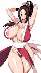 1girls areola_slip areolae areolae_slip armpits arms_behind_head arms_up blush breasts brown_eyes brown_hair clavicle cleavage cowboy_shot curvaceous fatal_fury female female_focus female_only female_solo full_cleavage high_resolution huge_breasts light-skinned light-skinned_female long_hair looking_at_viewer mai_shiranui ninja no_bra onomeshin pelvic_curtain ponytail puffy_areolae puffy_areolae_under_clothes revealing_clothes shiny shiny_skin smile solo solo_female thighs tied_hair very_high_resolution white_background