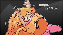 2girls angry blonde_hair breasts english_text female female_only grey_background lips mario_(series) muffled multiple_girls nintendo nude_female plaguetyranno princess_peach rape scared simple_background text tied_hair tied_up vore wendy_o._koopa