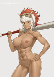 1girls abs areolae big_breasts censored club_(weapon) dakkalot dark_skin fire_emblem fire_emblem_fates hand_on_hip mask muscular muscular_female nintendo nipples pussy rinkah_(fire_emblem) tagme