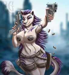 anthro big_breasts breasts digital_media_(artwork) felid feline female fur genitals gun hair handgun hi_res holding_object holding_weapon lion mammal nipple_piercing nipples nude pantherine piercing pussy ranged_weapon ratha_grim simple_background smile smoking solo soranihanabi weapon