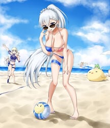 adjusting_eyewear adjusting_glasses akashi_(azur_lane) ayanami_(azur_lane) azur_lane bangs bare_shoulders beach belfast_(azur_lane) bikini blue_eyes breasts cleavage collarbone earrings female female_focus female_only hair_between_eyes hair_ornament highres jewelry laffey_(azur_lane) large_breasts long_hair looking_at_viewer looking_over_eyewear looking_over_glasses multiple_girls nail_polish ocean sand sky sunglasses swimwear tagme thighs tinted_eyewear tongue tongue_out very_long_hair white_hair z23_(azur_lane)