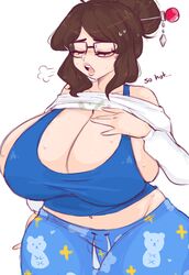 1girls alternate_breast_size big_breasts breasts_bigger_than_head brown_hair chubby chubby_female closed_eyes female female_only glasses hips huge_breasts huge_thighs large_breasts mei-ling_zhou mei_(overwatch) mei_ling_zhou overwatch pajamas pajamei pale-skinned_female pale_skin solo solo_female spookiebuni sweat sweating sweaty text thick_thighs thighs tight_pants white_background wide_hips